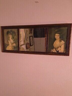 Antique Edwardian Style Framed Triptych Mirror with Victorian Portraits